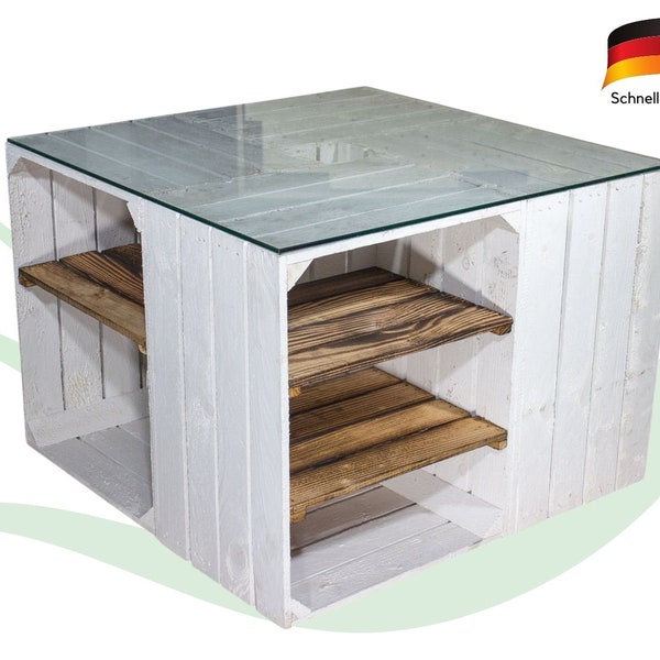 Table basse faite de boîtes blanches avec plateau en verre et rouleaux, boîtes à fruits, boîtes à vin, boîtes en bois meubles palettes DE bricolage 70x70x50cm