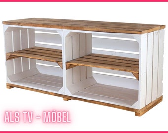 Meuble TV en blanc, intérieur en bois flammé | 4 sujets | 100x30x50 cm | banc de télévision moderne, étagère CD / BluRay, étagère