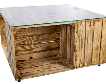 geflammter Kistentisch inklusive Glasplatte und Rollen | 81x81x44 cm | Couchtisch Holz Glas mit viel Stauraum für Controller, Flaschen