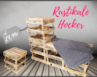 Geflammter, eckiger Holzhocker mit schöner Holzmaserung | 42x42x45 cm | Neu | Gartenmöbel, Beistelltisch für drinnen und draußen DIY