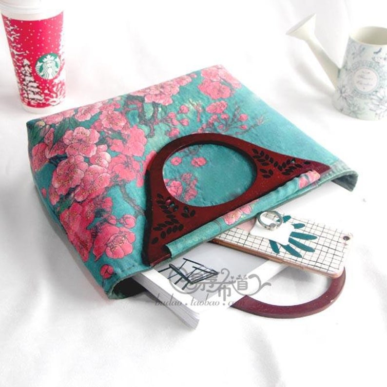 Green and Red Suede Tote Bag with Wintersweet Wood Handle- DIY Kit with Sewing Tutorials all the materials included