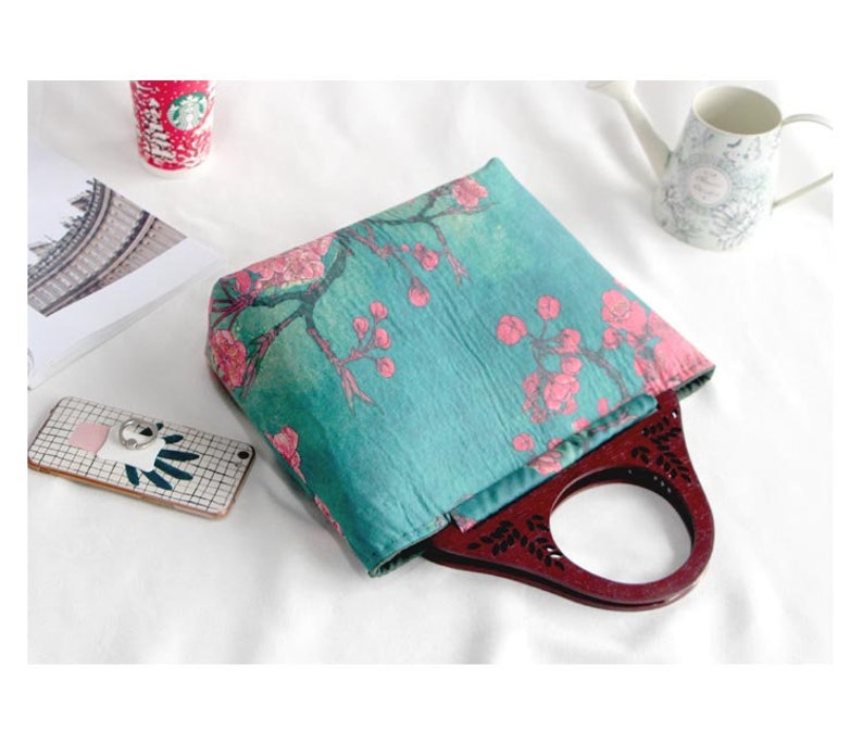 Green and Red Suede Tote Bag with Wintersweet Wood Handle- DIY Kit with Sewing Tutorials all the materials included