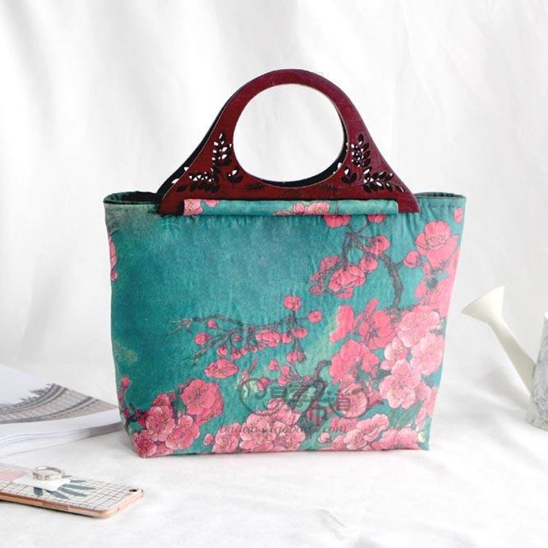 Green and Red Suede Tote Bag with Wintersweet Wood Handle- DIY Kit with Sewing Tutorials all the materials included
