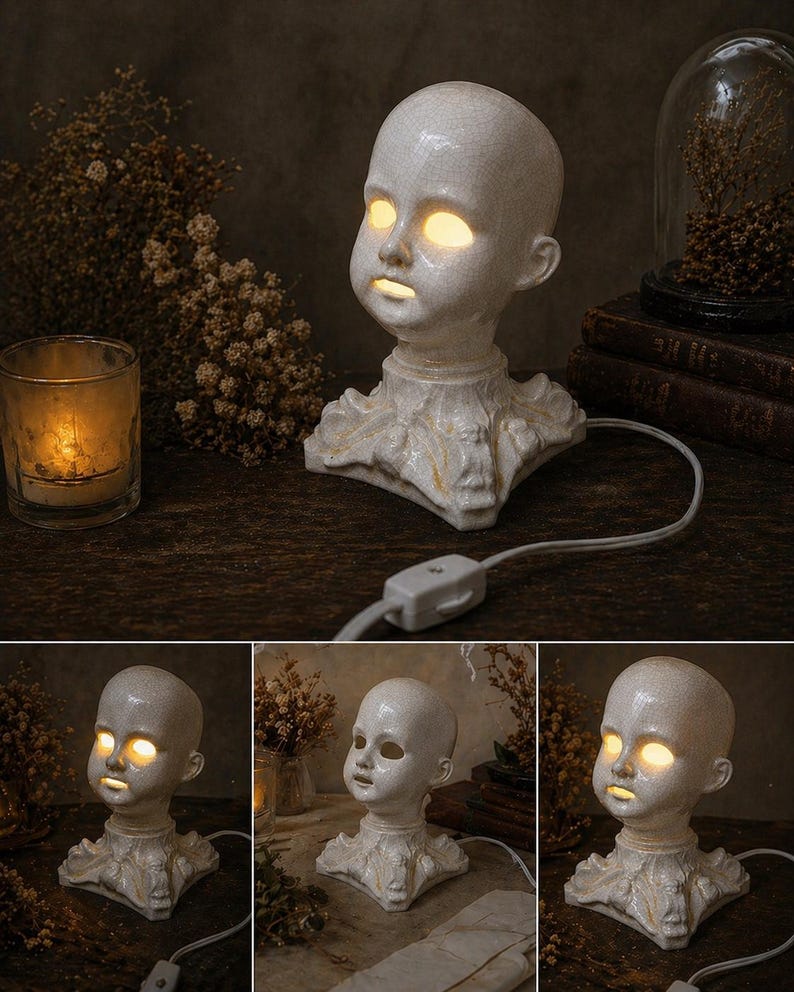 Puede incluir: L&aacute;mpara de cabeza de mu&ntilde;eca de cer&aacute;mica blanca con ojos y boca amarillos brillantes. La l&aacute;mpara tiene un acabado craquelado y se asienta sobre una base decorativa. Un cable blanco con un interruptor de encendido/apagado se extiende desde la base.
