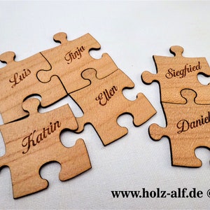 Pezzo di puzzle, cartellino con il nome, segnaposto, segnaposto da tavolo, regalo per gli ospiti, spilla per matrimonio, pezzi di puzzle in legno abbinati
