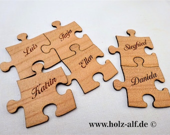 Puzzleteil, Namensschild, Platzkarte, Tischkarte, Gastgeschenk, Anstecker für Hochzeit, Holz Puzzleteile zusammenpassend