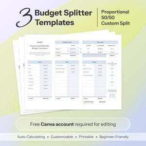 Auto-Calculating Budget Splitter Templates for 2 People | Household Bill Splitter (50/50, Proportional & Custom) Expense Tracker Template
