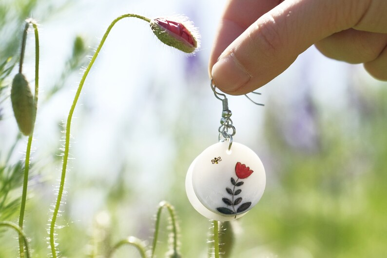 Hand-painted Jewelry Boho Flower Earrings Gift for woman Friendship Earrings Floral Earrings Red Nature Earrings Summer earrings