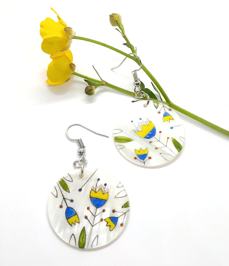 5202 Blue Yellow and Gray Mouse and Flower Boho Earrings