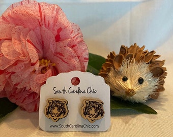 Tiger Wooden Stud Earrings: Clemson Fan Jewelry