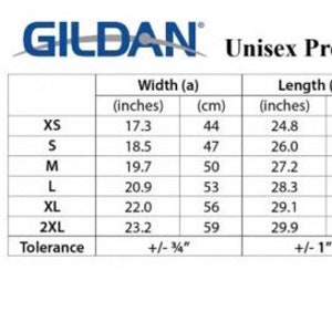 May include: A size chart for unisex premium cotton t-shirts. The chart shows measurements in inches and centimeters for width, length, and sleeve length for sizes XS to 2XL. Tolerance is +/- 3/4 inch for width and +/- 1 inch for length and sleeve.