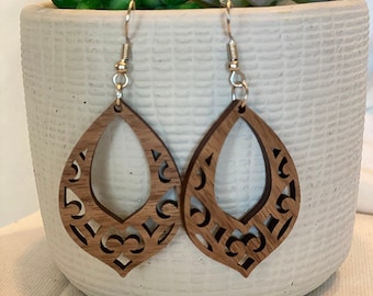 Teardrop Wooden Earrings: Decorative Laser Cut Design