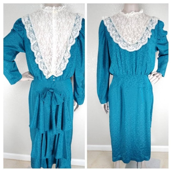 Vintage 60's Gunne Sax Style Teal Brocade Lace Fro