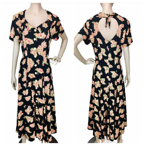 VTG 80's Karen Alexander Black Floral Long Full Bu