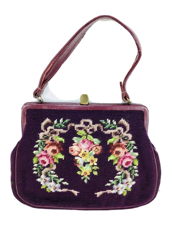 Vtg 50's Burgundy Floral Tapestry Carpet Bag Leath