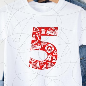May include: White t-shirt with a red number 5. The number is filled with firefighter themed icons, including a fire truck, axe, and helmet.