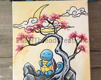 Japanese Style Squirtle Painting: Hang Ready Canvas Artwork Pokemon Themed