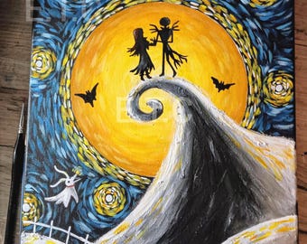 Skeleton Jack Zombie Sally Meant to Be Painting: Hand-Painted Acrylic Canvas Art