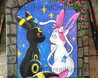 Umbreon with Sylveon Love Artwork: Hand painted canvas Eeveelutions