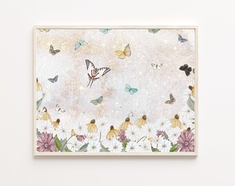 Butterfly Print | Wildflower Watercolor Art Print | Butterfly Wall Art | Butterfly Art Soft Pink | Floral Watercolor Print | Butterfly Decor
