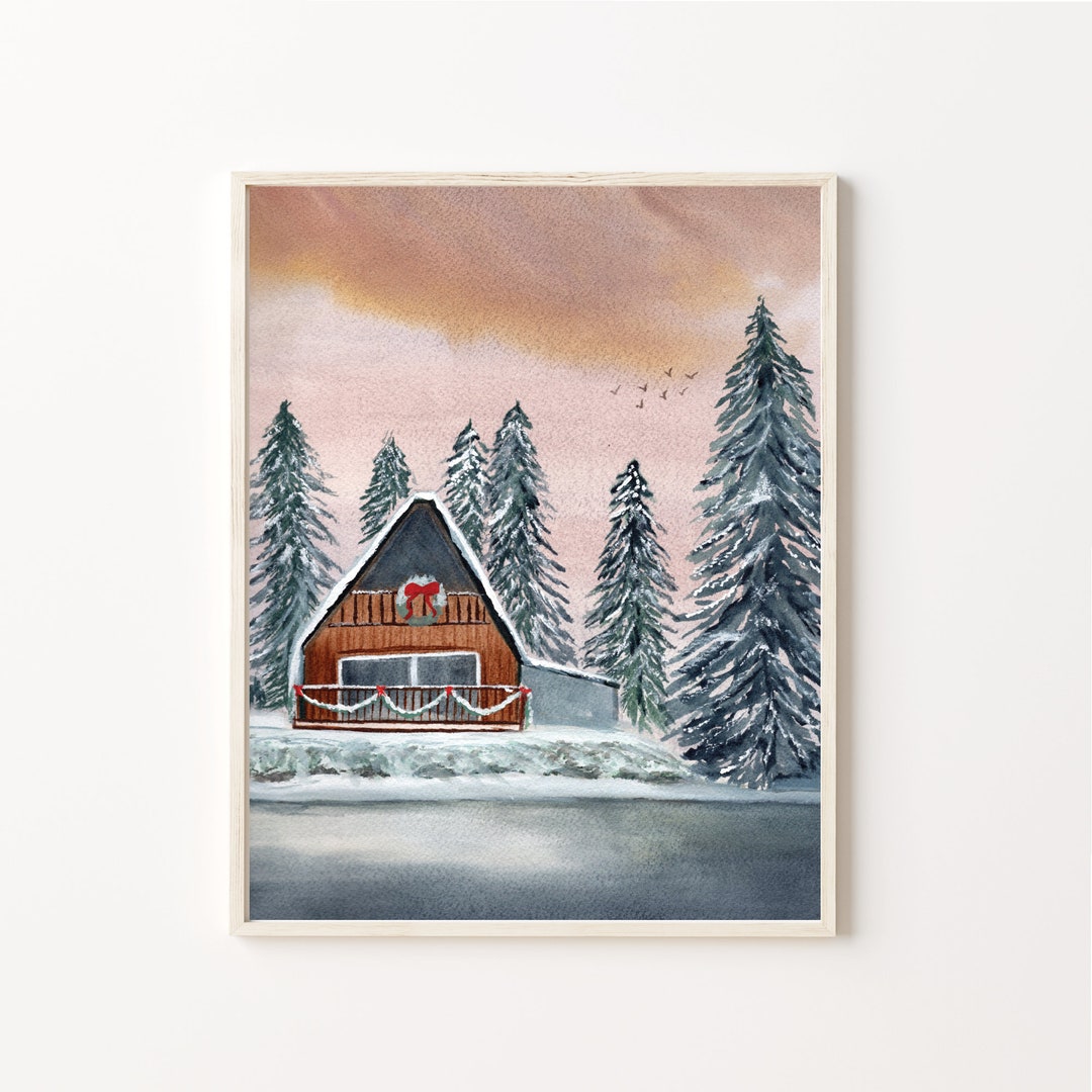 Woodland Wall Art Wooden Cabin Wall Decor Snow Watercolor Gallery Wall