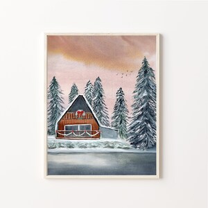 Woodland Wall Art | Wooden Cabin Wall Decor | Snow Watercolor | Gallery Wall Art | Snowy Cabin Art | Mountain Home Decor | Winter Wall Art |