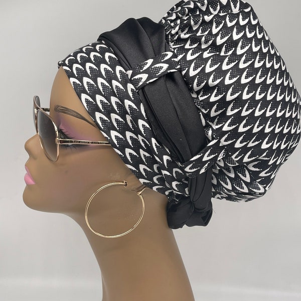 Niceroy satin lined Turban Hat with Satin scarf, Multipurpose Ankara Turban Hat, a gift for her, Black and White Muslim women Turban