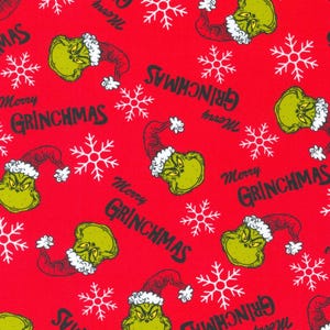 May include: Red fabric with a repeating pattern of the Grinch wearing a Santa hat, snowflakes, and the text "Merry Grinchmas".