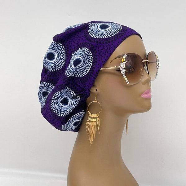 Niceroy surgical SCRUB HAT CAP,  Purple white Ankara Europe style nursing caps African print fabric and satin lining option.