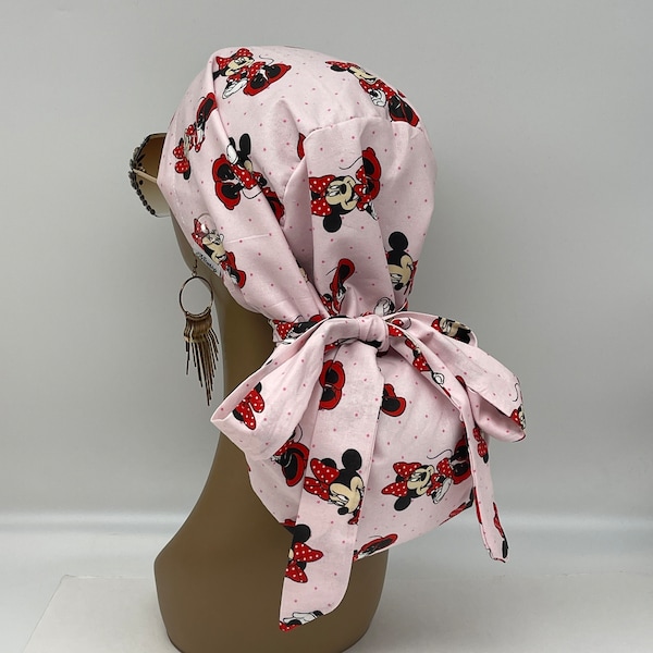 Adjustable PONYTAIL SCRUB CAP pink Mickey and Minnie Mouse cotton fabric surgical scrub hat nursing caps, satin lining option for long hair