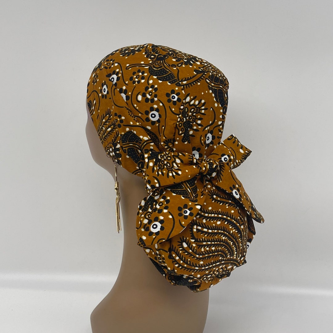 Adjustable PONY SCRUB CAP, Brown, Black, White Ankara Fabric Surgical