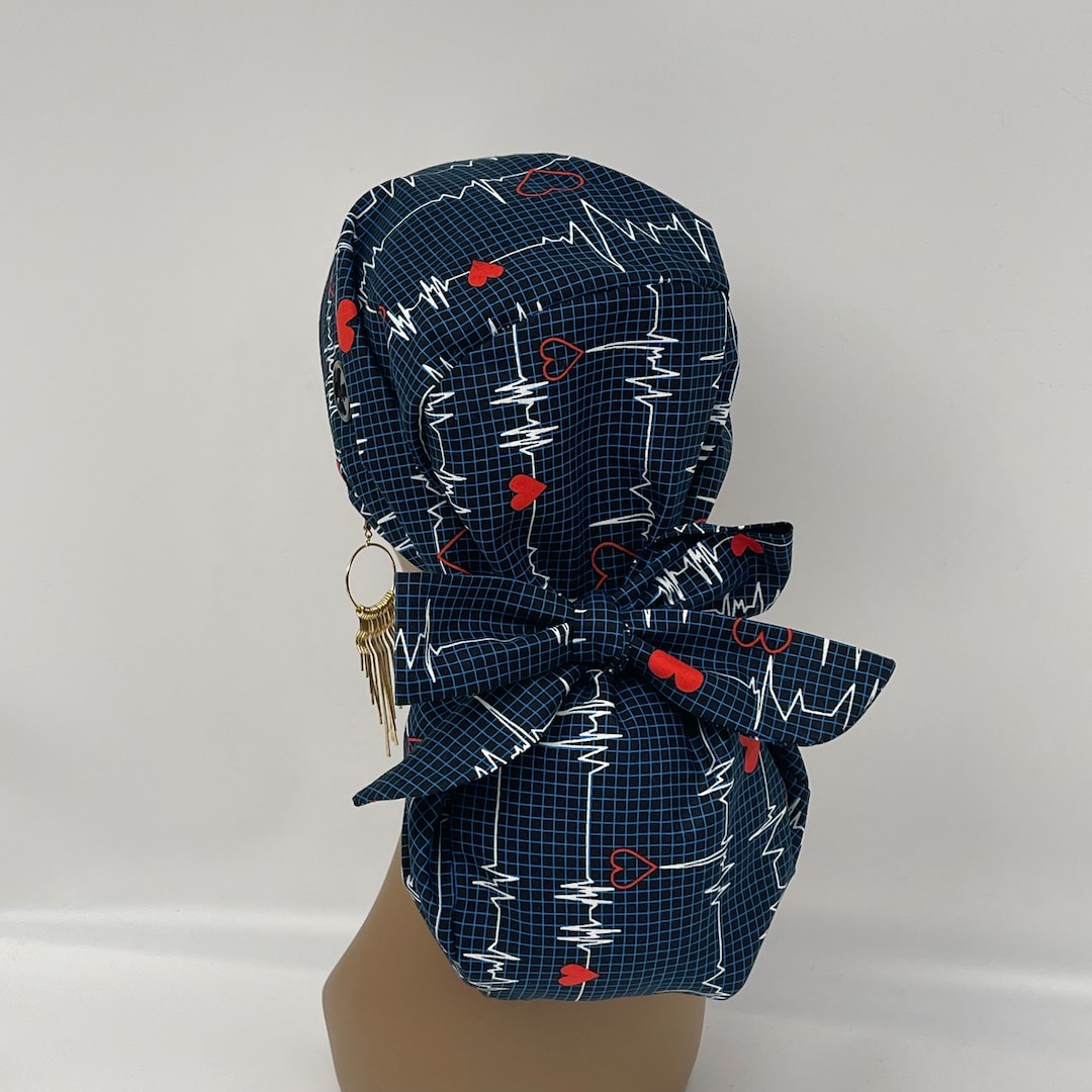 Adjustable PONY SCRUB Cap, Nurse and Doctors EKG Cotton Fabric Surgical