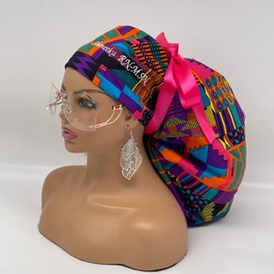 Adjustable 2XL JUMBO PONY SCRUB Cap,pink, purple Kente cotton fabric surgical nursing hat satin lining option for Extra long/thick Hair/Locs