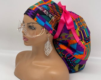 2XL JUMBO PONY SCRUB Cap,pink, purple Kente cotton fabric surgical nursing hat satin lining option for Extra long/thick Hair/Locs