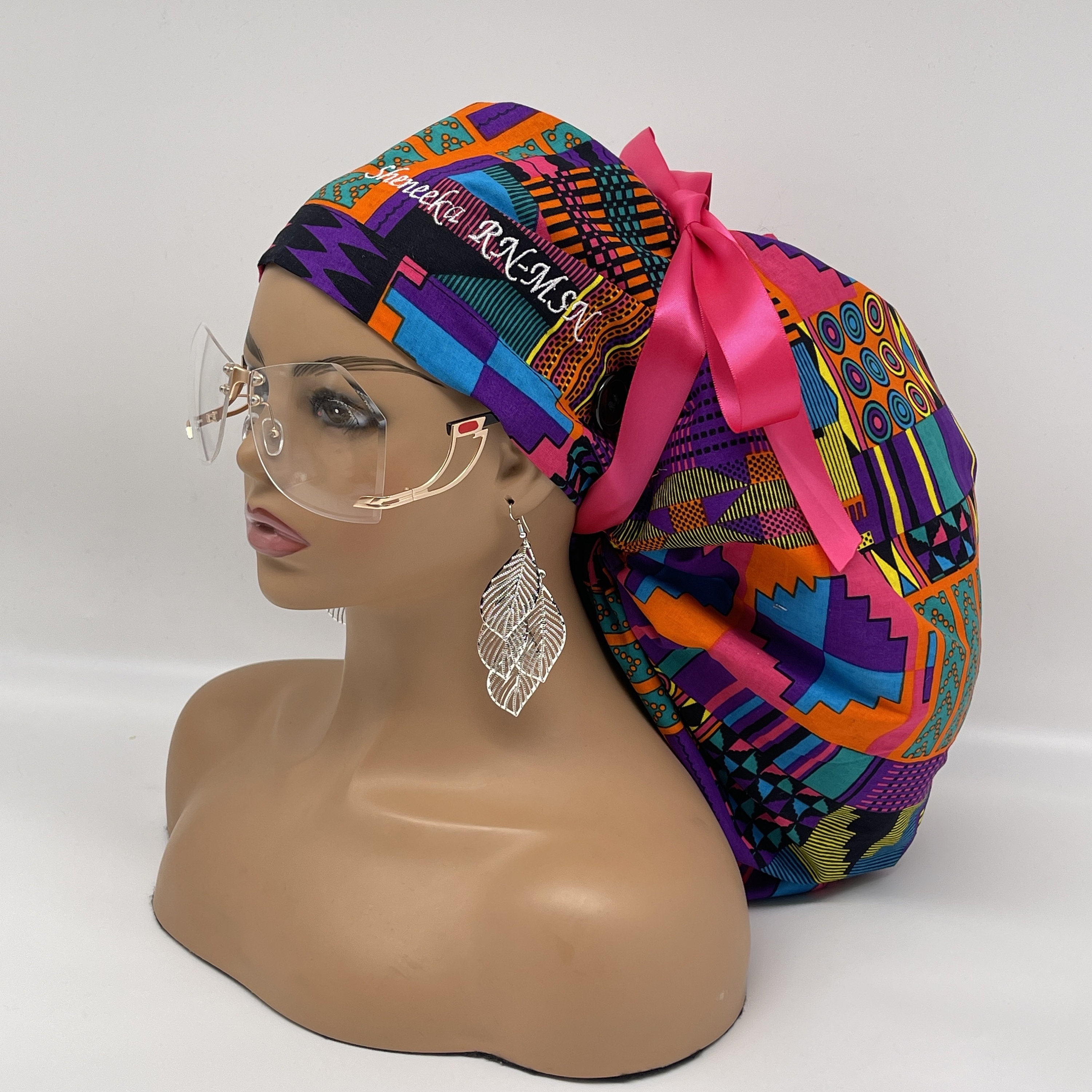2XL JUMBO PONY SCRUB Cap,pink, purple Kente cotton fabric surgical nursing hat satin lining option for Extra long/thick Hair/Locs