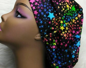 Rainbow Stars Scrub Cap: Adjustable Cotton Nursing Hat with Satin Lining