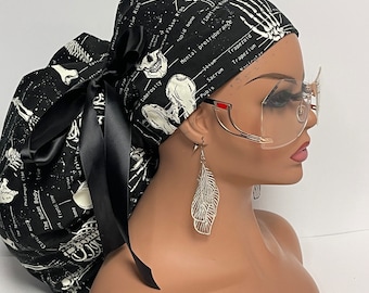 2XL JUMBO PONY SCRUB Cap, Black white glow in the dark skeleton cotton fabric surgical hat satin for Extra long/thick Hair/Locs