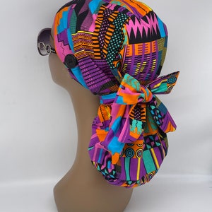 Ponytail Ankara PONY SCRUB CAP, Kente cotton fabric surgical scrub hat pony nursing caps and satin lining option for locs /Long Hair