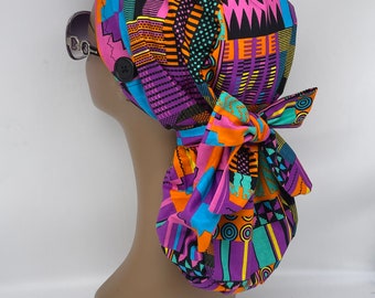 Ankara Ponytail Scrub Cap: Kente Print Cotton Nursing Hat