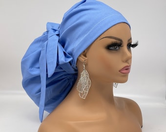 2XL JUMBO PONY SCRUB Cap, Baby Blue Berry Milk cotton surgical nursing hat satin lining option for Extra long/thick Hair/Locs