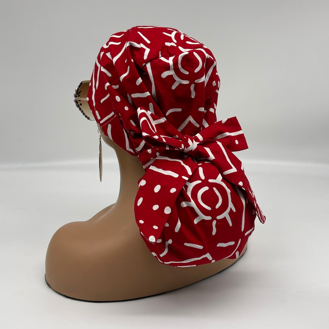 Adjustable PONY SCRUB CAP, Red and White Ankara Cotton Fabric Surgical