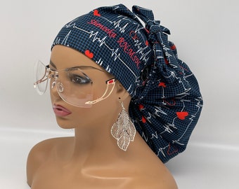 2XL JUMBO PONY Scrub Cap, EKG  cotton fabric surgical nursing hat and satin lining option for Extra long/thick Hair/Locs