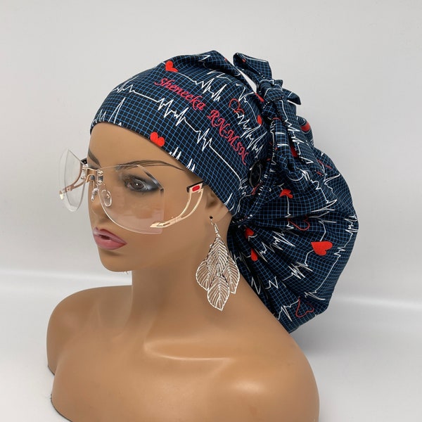 Adjustable 2XL JUMBO PONY Scrub Cap, EKG  cotton fabric surgical nursing hat and satin lining option for Extra long/thick Hair/Locs