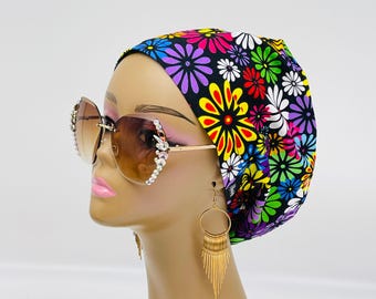 Floral Surgical Scrub Cap, Adjustable Summer Nursing Hat, Satin Lined
