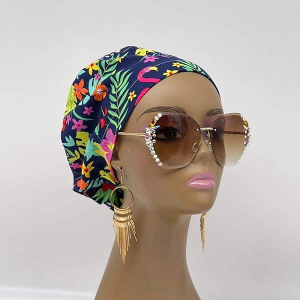 Surgical SCRUB HAT CAP, Navy blue  Europe style flamingo flowers cotton print fabric Euro hat multicolored floral satin lining option.