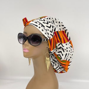 Adjustable Ankara PONY SCRUB CAP, black white orange yellow green Kente cotton fabric surgical scrub hat nursing caps for locs /Long Hair