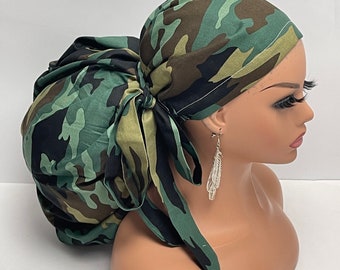 Jumbo Pony Scrub Cap: Green Camouflage Cotton Surgical Nursing Hat