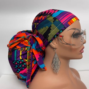 Jumbo Pony Scrub Cap: Kente Print Cotton Nursing Hat (Satin Lining Option)