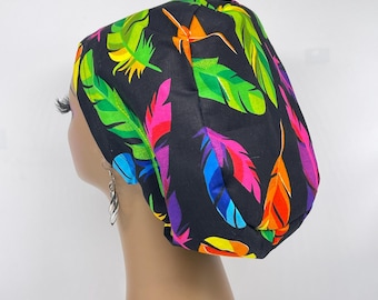 Feathers on black Surgical Scrub Cap: cotton Print Nursing Hat