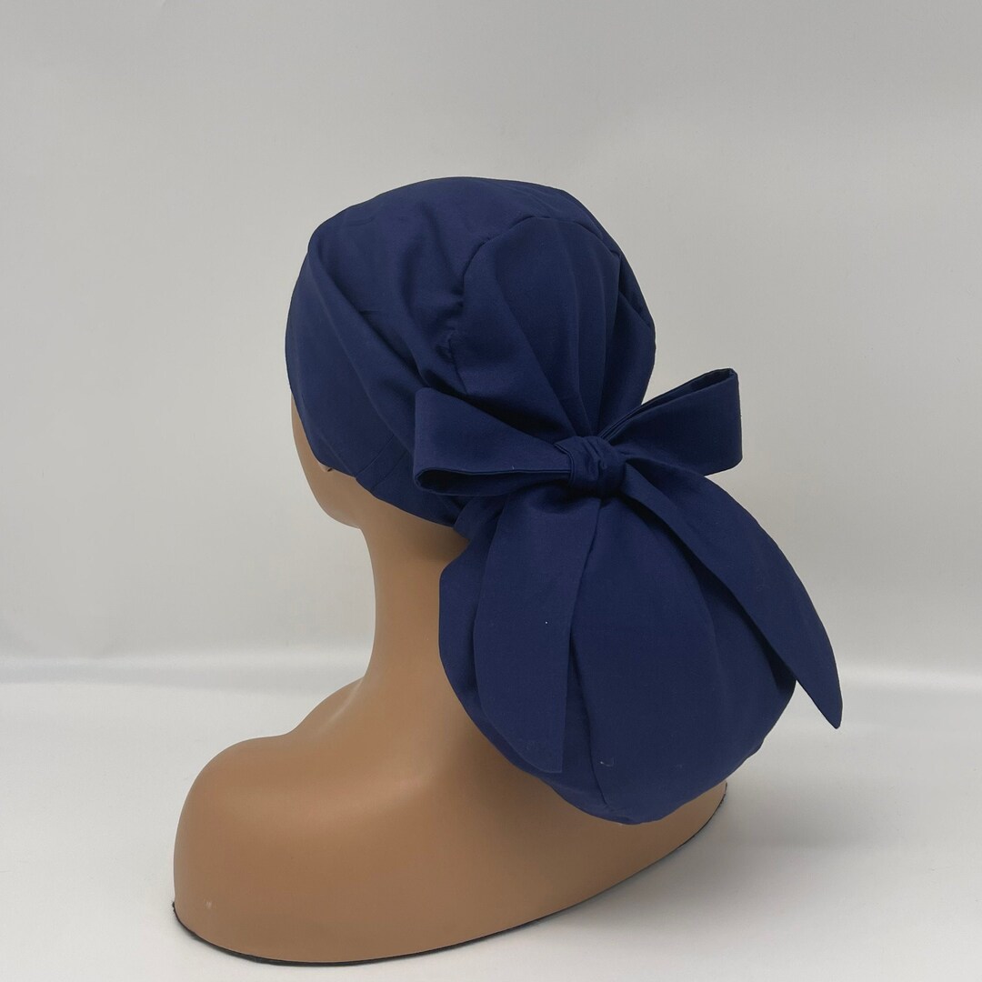 Adjustable PONY SCRUB CAP, Solid Navy Blue Cotton Fabric Surgical Scrub